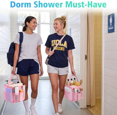EUDELE Mesh Shower Caddy Portable for College Dorm Room Essentials,Portable Shower Caddy Dorm with 9-Pocket Large Capacity, Shower Bag for Beach, Swimming, Gym, Travel essentials, Pink - Image 2