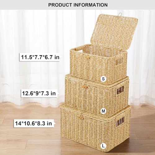 Nonam Wicker Storage Basket With lid,Stackable Plastic Bin (Natural,S+M+L) - Image 2