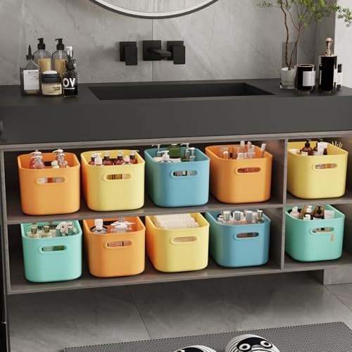 ORGIDOL 12 Pack Colorful Plastic Storage Bins, Storage Container for Organizing, Colored Storage Boxes with Handle for Shelves, Cute Organizer Bins for Craft, Snacks, Cabinet, 9.69x6.7x5.7 inch - Image 3