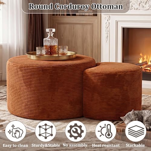 BSHOMGI Nesting Coffee Table Set of 2,Corduroy Ottoman Soft Foot Rest Movable LargePouf Footstool for Living Room Sofa Couch Bedroom Entryway and Small Spaces No Assembly (Orange, 32"+17") - Image 6