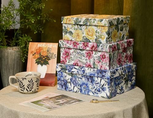 3-Piece Decorative Storage Boxes with Lids, Watercolor Floral Design Inspired by Garden Blooms, Cardboard Keepsake Box Set, Photo & Memory Storage for Home Decor and Modern Organization - Image 2