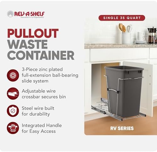 Rev-A-Shelf Pullout Trash Can for Kitchen Cabinets, Gray Waste Bin, 35 Qt - Image 2