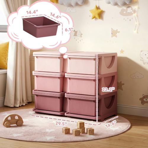 Qaba 6 Drawers Kids Storage Unit 3 Tier Toy Organizers Pink - Image 3