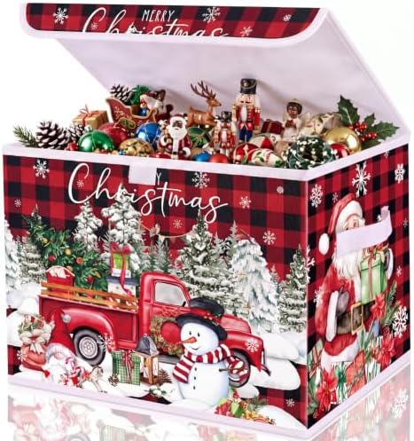 Briwooody Red Plaid Christmas Storage Bin with Lid and Carrying Handle by Briwooody