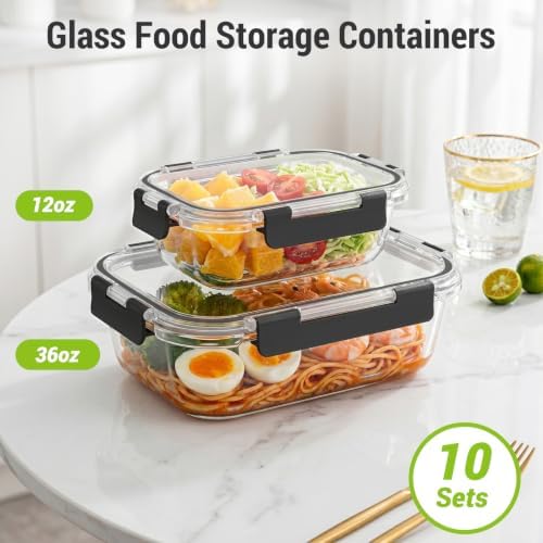 10 Sets 36 oz & 12 oz Glass Food Storage Containers with lids, Black - Image 2