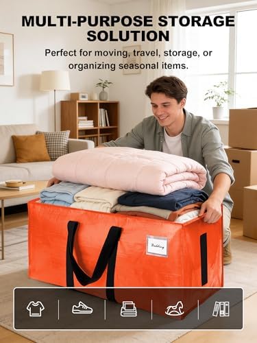HOMESURE8 Pack 40 Gal Large Strong Moving Bags with Zippers & Carrying Handles - Water-Resistant - Heavy Duty Storage Tote for Space Saving, Fold Flat, Alternative to Moving Box (Orange) - Image 4
