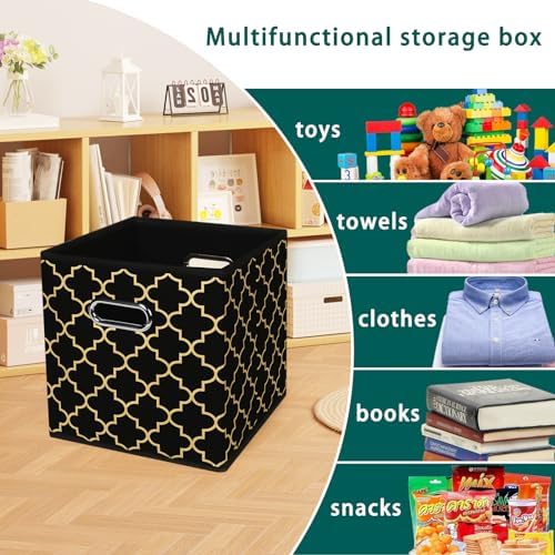 Black Foldable Storage Cubes Bins, Fabric Storage Box Cubes Organizer Baskets with Dual Handles for Home Organizer,Set of 3,(Black Gold) - Image 3