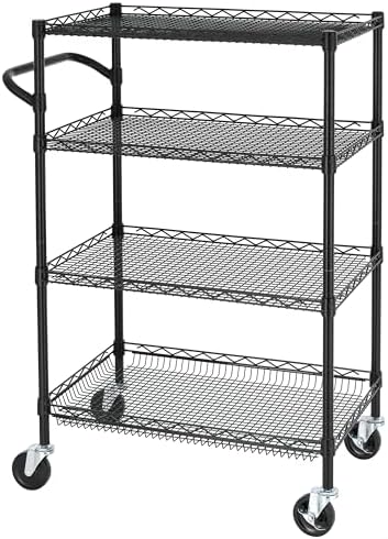 Finnhomy 4 Tier Heavy Duty Commercial Grade Rolling Cart with Handle Bar, Metal Wire Utility Cart with Wheels, Shelf Size 18" D x 30" W, NSF Listed, Black by Finnhomy