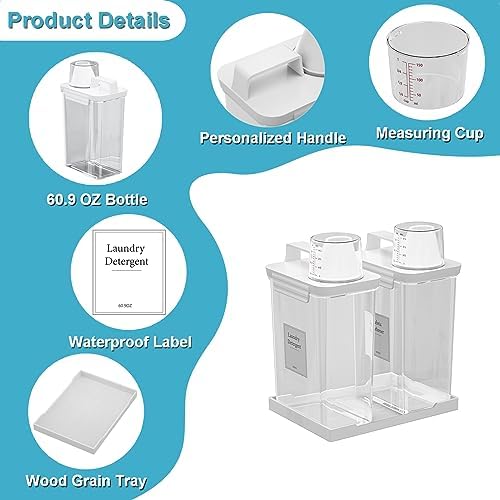 61OZ Laundry Detergent Dispenser Container, 2 Pack Liquid Laundry Dispenser, Plastic Detergent Dispensers for Laundry Powder/Fabric Softener with Tray 6 Labels, Clear - Image 5
