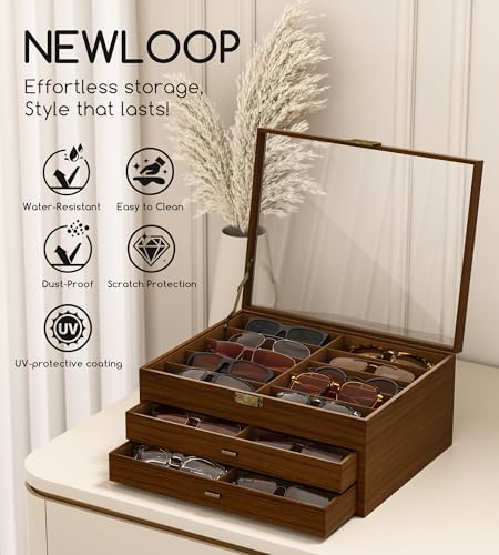 NEWLOOP 10/20/30 Wooden Pattern Sunglass Organizer Multiple Pairs of Eyeglass Ultra-thin Frame Storage Box for Women Men - Image 2