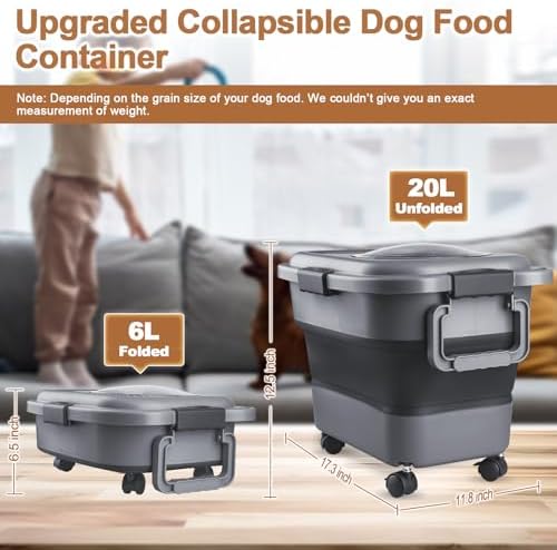 Dog Food Storage Container, 10-20 lbs Airtight Collapsible Cat Food Storage Container with Attachable Wheels, Portable Handle, Dog Food Scoop for Dog Cat Bird Pet Dry Food Storage Bin Dark Grey - Image 2