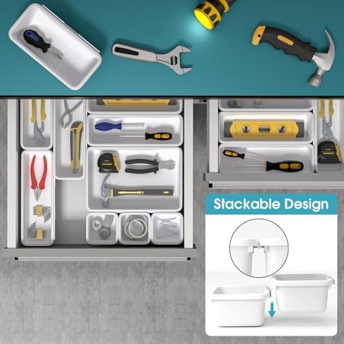 25 PCS Drawer Organizer Set, 4 Size Makeup Drawer Divider Organizer With Non-Slip Pads, Interlocking Plastic Storage Bins for Office,Jewelry Vanity,Gadgets, Bathroom,Kitchen, White - Image 5