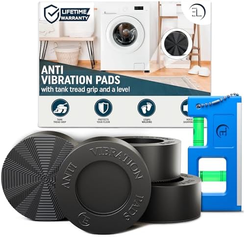 Anti Vibration Pads for Washing Machine with Tank Tread Grip - 4 Pack + Level - Fits Most Round Feet up to 1.75” - Stops Washer Dryer from Moving - Rubber Antivibration Stabilizer for Leveling Washer by EmpireofElectronics