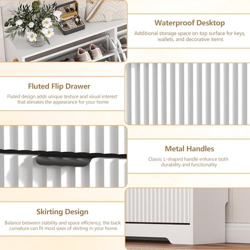 Shoe Cabinet Storage for Entryway with 4 Flip Drawers, White Fluted Shoe Cabinet with Adjustable Shelves, Wooden Hidden Shoes Rack Freestanding Narrow Slim Shoes Storage for Hallway, Entrance - Image 5