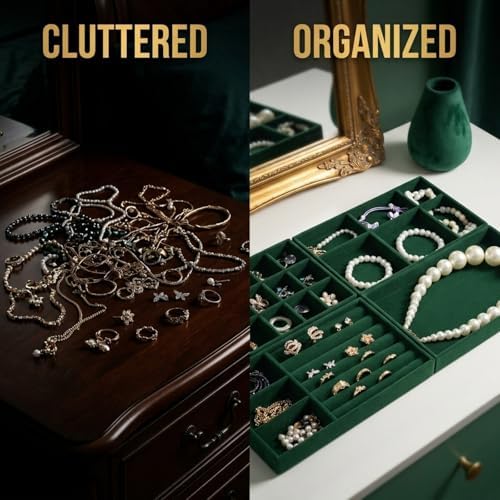 8 Pcs Jewelry Drawer Organizers, Velvet Jewelry Trays for Drawer, Stackable Jewelry Trays, Ideal for Rings, Earrings, Bracelets, Necklaces, Green - Image 7