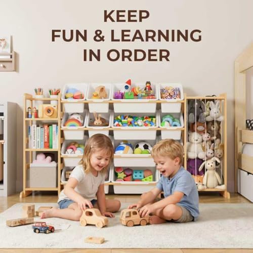 Toy Storage Organizer with Bookshelf and Stuffed Animal Storage - Kids Playroom Organization with 3 Shelves and 16 Bins - Living Room Box for Collections - Nursery Bedroom Decor Essential - Image 2