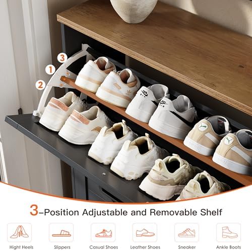 Nicetree Shoe Storage Organizer with 3 Flip Drawers, Freestanding Fluted Accent Narrow Shoe Rack, Farmhouse Shoe Cabinet with 3-Tier Adjustable Shelves for Hallway Foyer Rustic Black - Image 5