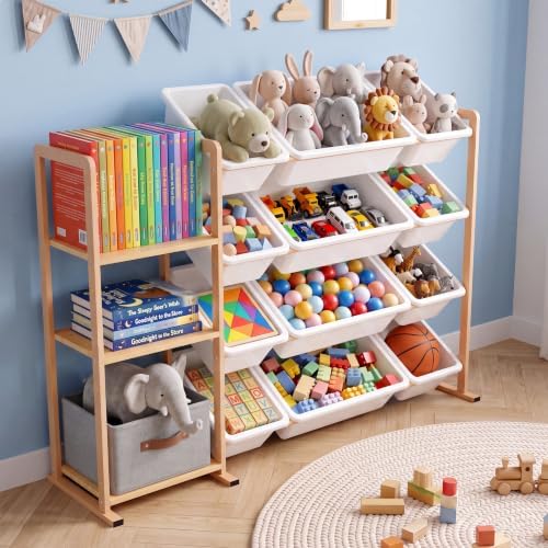 Toy Storage Organizer with Bookshelf, Metal Toy Storage Shelf with Storage Bins, Kids Bookcase and Toy Organizer for Kids Room, Playroom, Bedroom, Nursery by HONGDDY