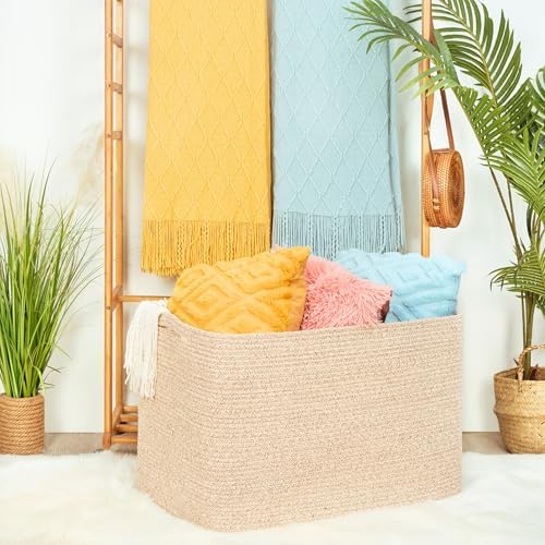 MINTWOOD Design 112L Extra Large Blanket Basket Holder Living Room, 25"x17"x16" Rectangle Rope Woven Storage Basket with Handles for Laundry, Towels, Shoes, Dog Toy Organizer Bin Box, Oatmeal Brown - Image 2