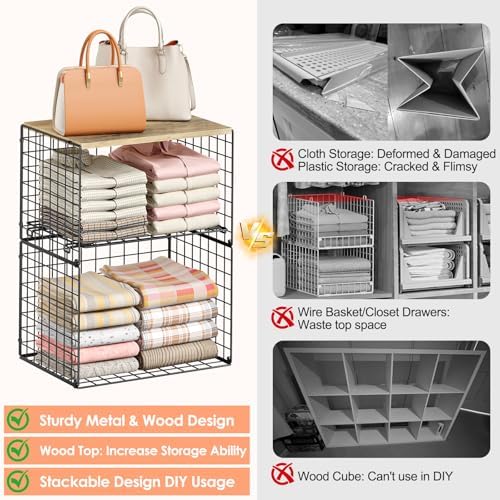 5-Tier Large Stackable Closet Organizer and Storage Basket, Sturdy Closet Shelf Organizer with Wood Top, Stackable Storage Bins Cubes for Clothes with Adjustable Shelf for Wardrobe Organization - Image 5