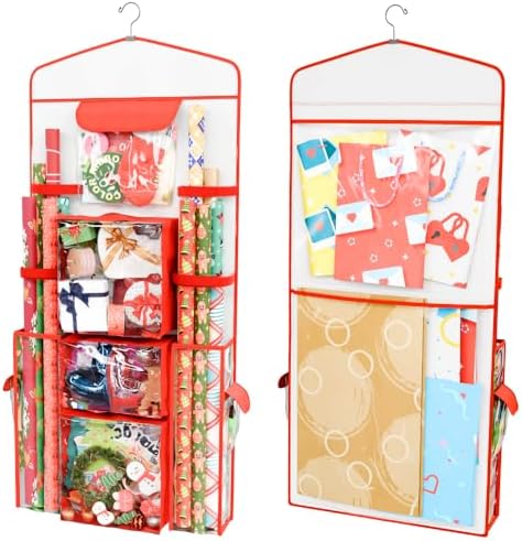 ProPik Hanging Double Sided Wrapping Paper Storage Organizer With Multiple Pockets Organize Your Gift Wrap, Gift Bags Bows Ribbons 40"X17" Fits 40 Inch Rolls Clear PVC Bag (Red) by ProPik