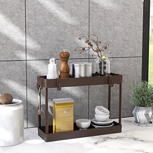 Simple Houseware 2-Tier Under Sink Organizer Storage Tray with Hooks, Brown - Image 4