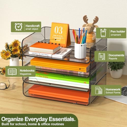 FANXIYQ 4-Tier Acrylic Paper Tray Organizer Brown Stackable Paper Organizer - Image 2
