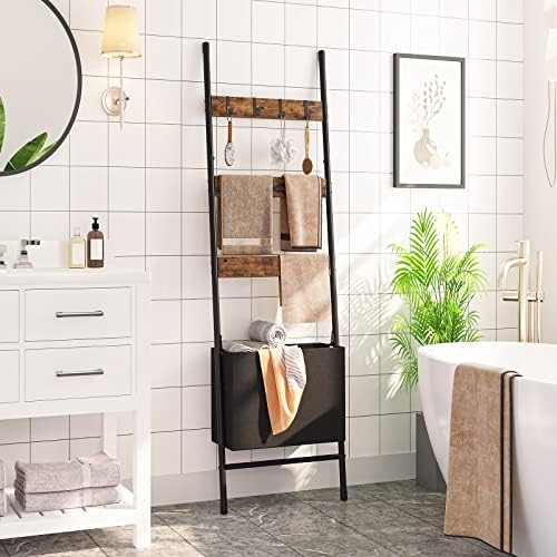 HOOBRO Blanket Ladder with Basket, 17.3”L x 63.4”H, Towel Rack with Hooks, Blanket Holder Rack, Decorative Ladder Shelf, Drying and Display Rack for Bathroom, Living Room, Rustic Brown BF31CJ01 - Image 3