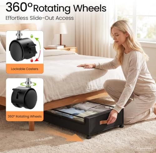 Yecaye 60 L Under Bed Storage with Wheels, 2 Pack Under Bed Storage Containers with Clear Window & Label, Rolling Under bed Shoe Storage organizer for Clothes, Shoes, Black - Image 3