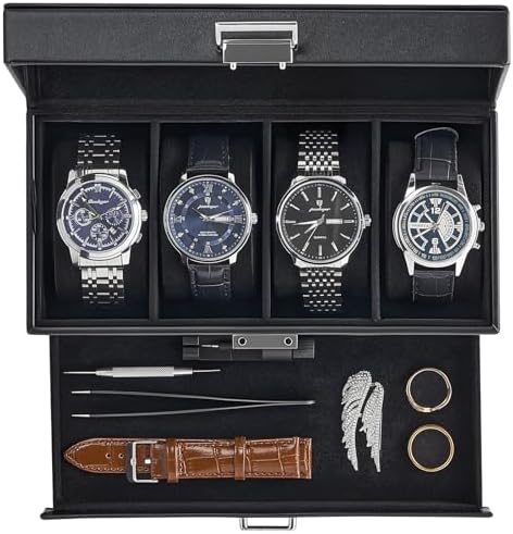 ProCase Watch Case, 4 Slot Mens Watch Box with Drawer -Black by ProCase