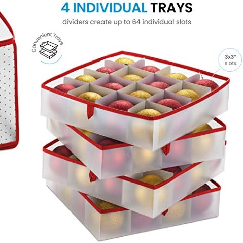 ZOBER Christmas Ornament Storage Box Plastic - Stores 64 3" Ornaments with Individual Trays - Ornament Organizer Storage Box, Durable Christmas Containers Holder - Red - Image 4