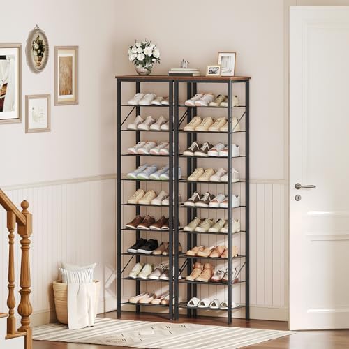 MAHANCRIS 10 Tier Narrow Shoe Rack Organizer, Tall Slim Shoe Storage for Small Space, Holds 10-20 Pairs, Metal Shoe Shelf with Wooden Top for Entryway Closet Bedroom, Rustic Brown and Black SRHR11401 - Image 7