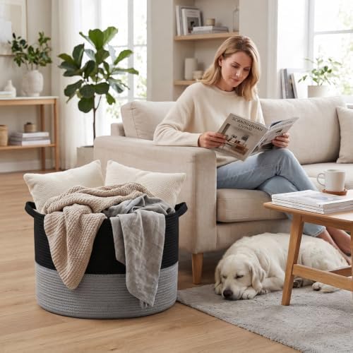 90L Extra Large Blanket Basket,Woven Laundry Basket-Black&Dark Grey - Image 4