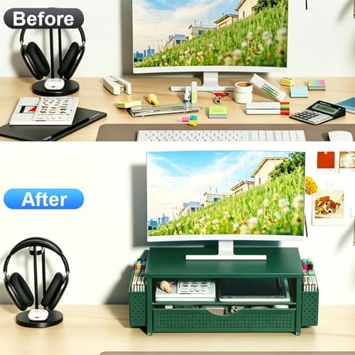 Spacrea Computer Monitor Stand with Drawer and 2 Pen Holders, Green - Image 3