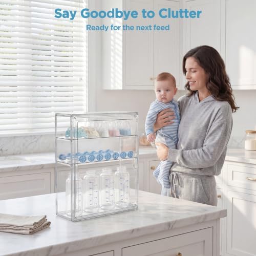 HBlife Baby Bottle Storage Organizer for Wall Countertop Cabinet, 3 Tiers Adjustable Clear Acrylic Bottles Storage Station Case Box Container with 2 Removable Dividers and Magnetic Door, Small - Image 6