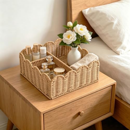 Rattan Divided Scalloped Basket,Wicker Diaper Caddy Scalloped Baske,Woven Natural Basket with 4 Dividers,Suitable for Baby Rooms, Bathrooms, Bedrooms (Paper Rope) - Image 5
