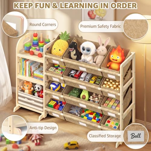 Toy Storage Organizer with 3 Shelves and 12 Bins, Bookshelf/Bookcase, Kids Bin Shelf, Toys Box for Playroom Organization for Bedroom & Room, 47.4" W (khaki) - Image 5