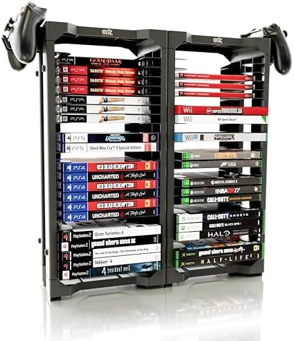 ADZ Universal Game Holder – 46 Game Storage Tower Rack for PS2 PS3 PS4 PS5 PSP Xbox 360 Xbox One Series X Wii Switch Games DVD and Blu-Ray Disks. Includes 2 Controller Mounts (Black) by ADZGaming