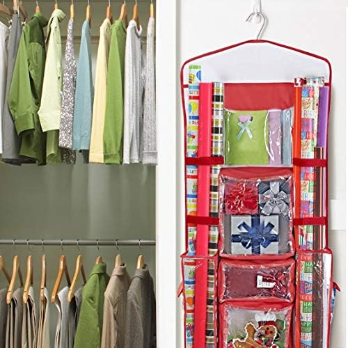 ProPik Hanging Double Sided Wrapping Paper Storage Organizer With Multiple Pockets Organize Your Gift Wrap, Gift Bags Bows Ribbons 40"X17" Fits 40 Inch Rolls Clear PVC Bag (Red) - Image 7