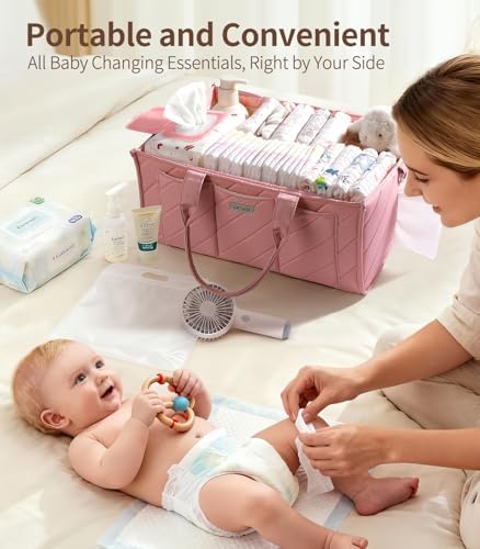 Extra Large Diaper Caddy Organizer – Big Nursery Storage Basket with Zipper Pocket, Shoulder Strap & Stroller Hooks, Water-Resistant Travel Tote for Twins, Gift for Baby Shower, Blush Pink - Image 4