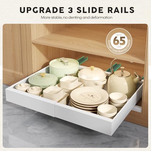 Seinloes 6 Pack Pull Out Cabinet Organizer 21"Deep with Raising Pad for Framed Cabinets,Expandable Slide Out Drawers with 4pcs Divider Racks,Roll Out Shelf Adhesive,Adjustable Width 12.05"-20.4"White - Image 5