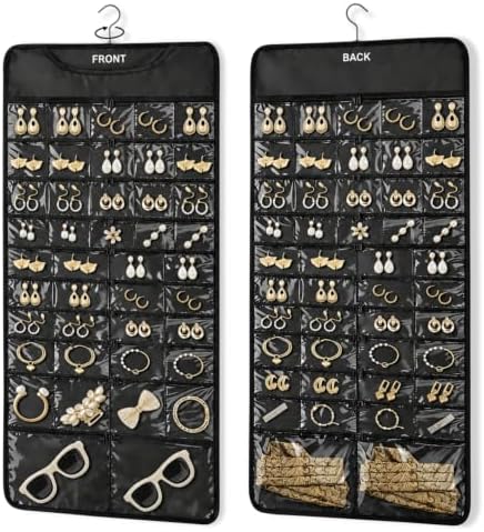 FOREGOER Hanging Jewelry Organizer 88 Zippered Pocket, 2-Sided,1 Pack Black by FOREGOER