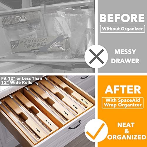 SpaceAid WrapNeat 3 in 1 Wrap Organizer with Cutter and Labels, Plastic Wrap, Aluminum Foil and Wax Bamboo Dispenser for Kitchen Storage Organization Holder for 12" Roll (Natural, 3-Slot) - Image 2