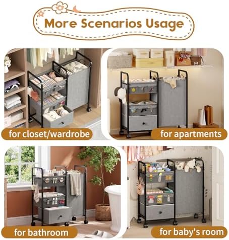 Cidaziya 2In1 Baby Diaper Caddy Organizer with Laundry Hamper, 3 Tier Rolling Cart with Dividers and Drawers, Upgrade Diaper Cart Utility Cart Clothes Organizer for Baby Essentials, New Mom, Nursery - Image 3
