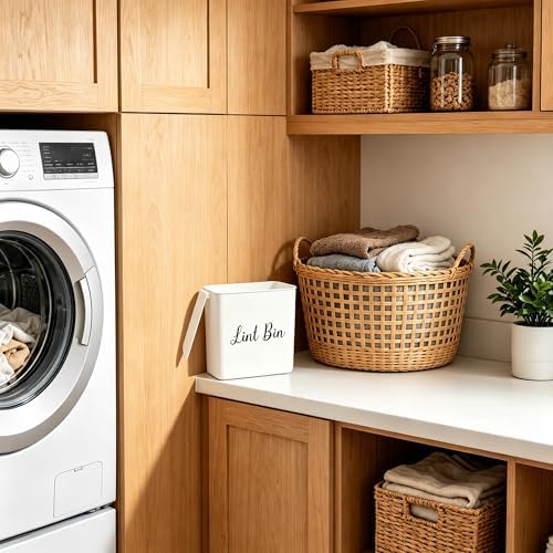 Magnetic Lint Bin with Lid for Laundry Room, Compact Plastic Dryer Lint Holder, Small Laundry Trash Container for Dryer Lint & Used Dryer Sheets, Space Saving Storage Decor Organizer (White) - Image 4