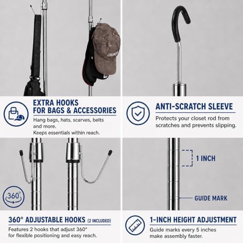 Adjustable Metal Hanging Closet Rod Extender with Hooks, Chrome - Image 3