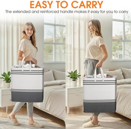 2 Pack Large Home Laundry Basket, Laundry Hamper, Freestanding Waterproof Dirty Clothes Bag, Tall Clothes Hamper - Extended & Reinforced Handles for College Dorm, Family (Light Grey/100L) - Image 6