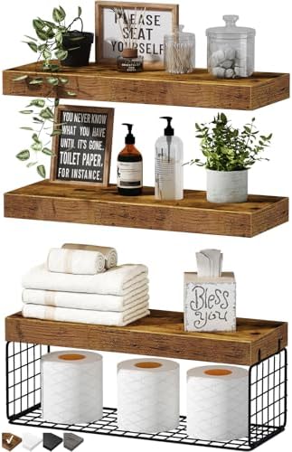 QEEIG Bathroom Shelves Over Toilet Wall Mounted (Brown, Set of 3, 15.7") by QEEIG