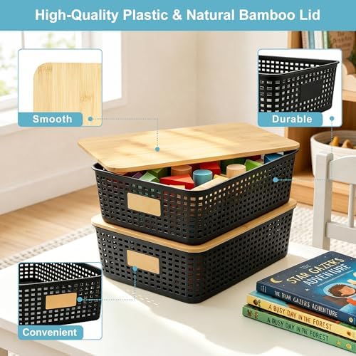Bagnizer 4 Pack Plastic Storage Bins with Bamboo Lids, 6.2qt Stackable Storage Organizer Box with Lable for Pantry Shelves Drawers Desktop Office, 12"L x 8.3"W x 3.5"H, Black - Image 2