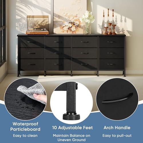 DUMOS TV Stand for Bedroom with Storage TV Stands for Living Room Black, 12 Drawer Dresser Farmhouse Entertainment Center for up to 80 Inch TVs, Media Console Table with Metal Frame Adjustable Feet - Image 6